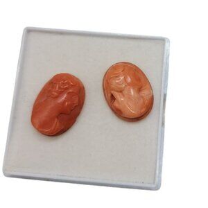 Two Carved Red Coral Cameo Pieces One Hair in Bun Other Ponytail Antique
